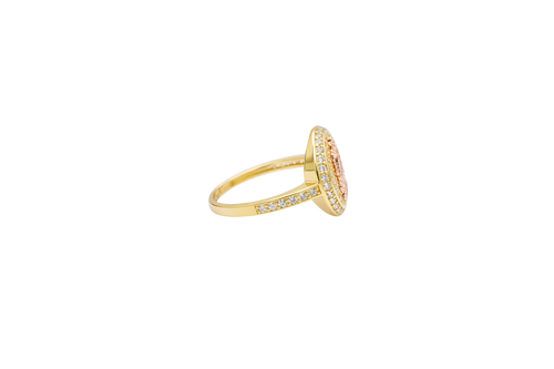 14KT Gold Ring Women's Round Two Tone Virgin Mary White CZ Center with Plain Border White CZ Stone Edge and Band