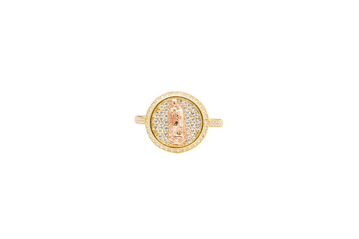 14KT Gold Ring Women's Round Two Tone Virgin Mary White CZ Center with Plain Border White CZ Stone Edge and Band