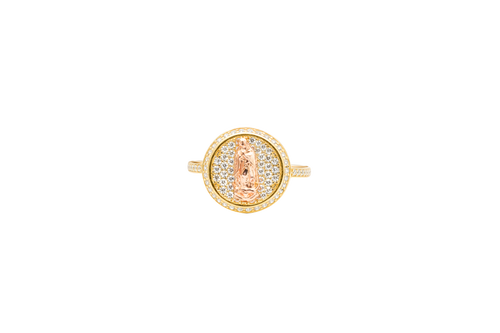 14KT Gold Ring Women's Round Two Tone Virgin Mary White CZ Center with Plain Border White CZ Stone Edge and Band
