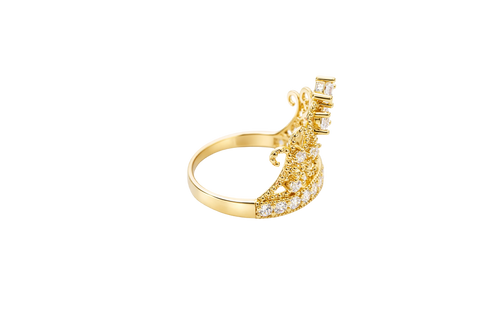 14KT Gold Ring Women's Royal Tiara with Two White CZ Center Top Stones and Six White CZ Side Stones and CZ Stone Band