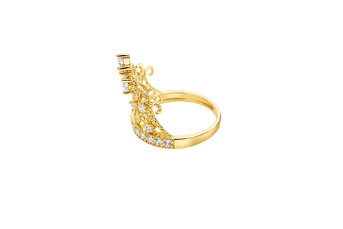14KT Gold Ring Women's Royal Tiara with Two White CZ Center Top Stones and Six White CZ Side Stones and CZ Stone Band