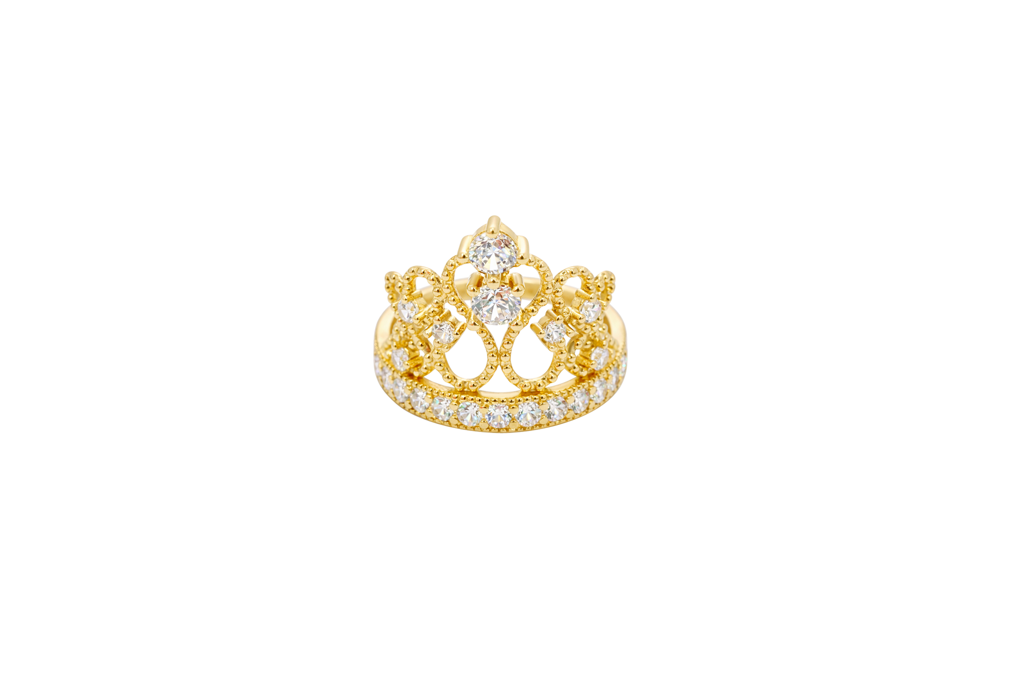 14KT Gold Ring Women's Royal Tiara with Two White CZ Center Top Stones and Six White CZ Side Stones and CZ Stone Band