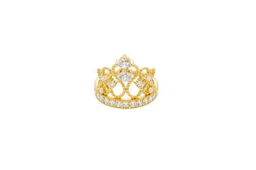 14KT Gold Ring Women's Royal Tiara with Two White CZ Center Top Stones and Six White CZ Side Stones and CZ Stone Band