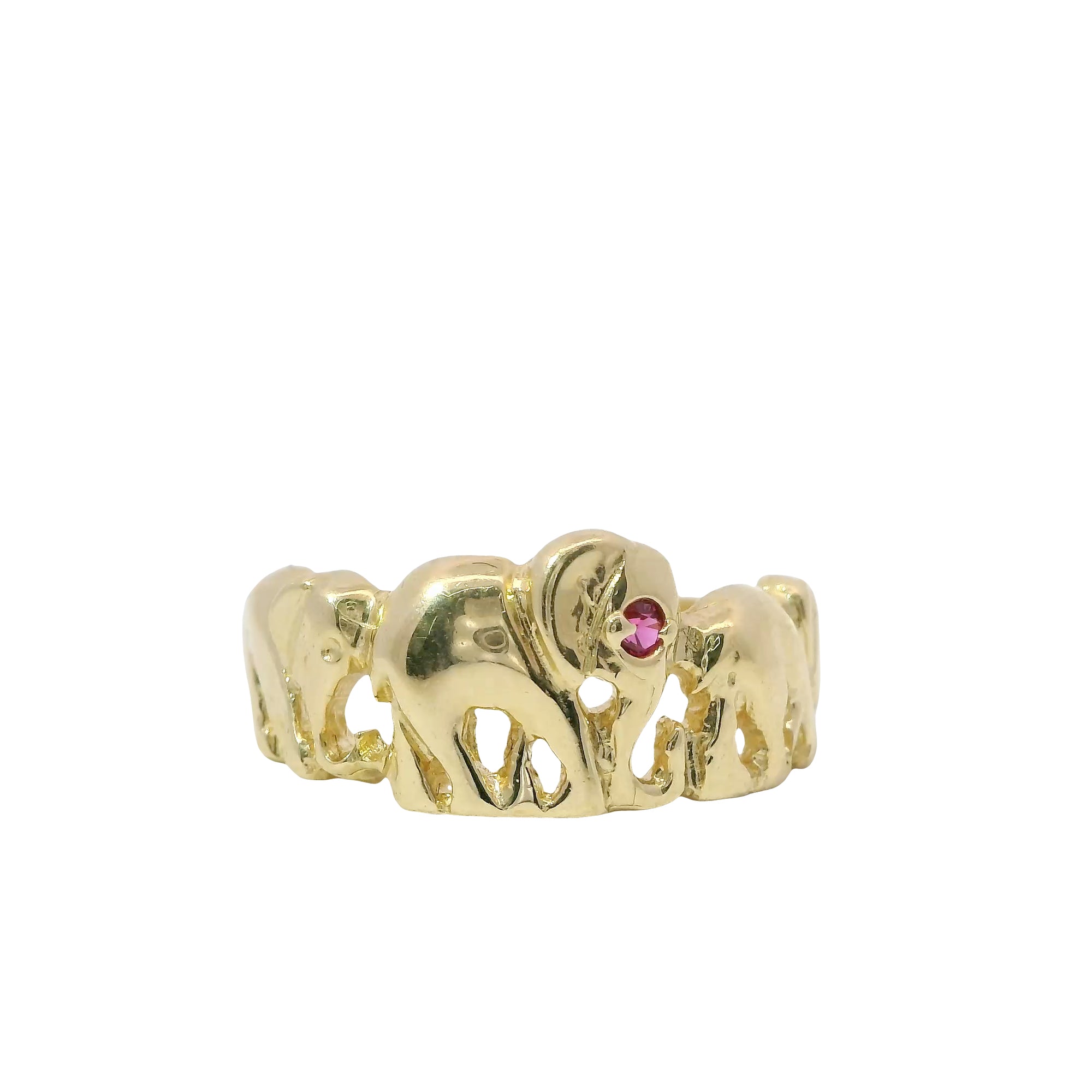 14KT Gold Ring Women's Three Right Facing Elephants One with Red Eye Plain Band