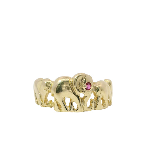14KT Gold Ring Women's Three Right Facing Elephants One with Red Eye Plain Band