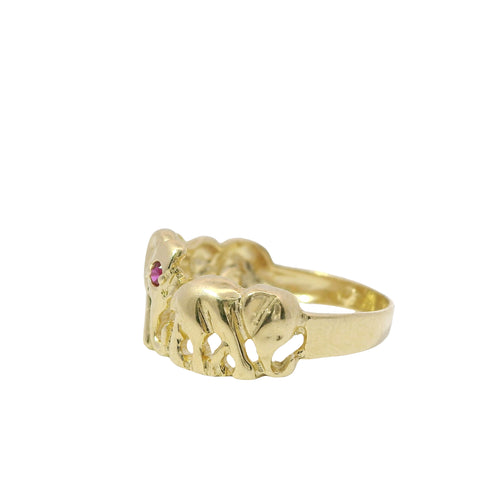 14KT Gold Ring Women's Three Right Facing Elephants One with Red Eye Plain Band