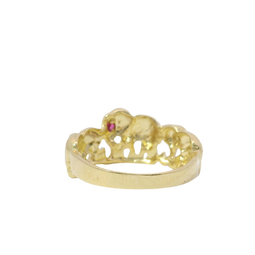 14KT Gold Ring Women's Three Right Facing Elephants One with Red Eye Plain Band