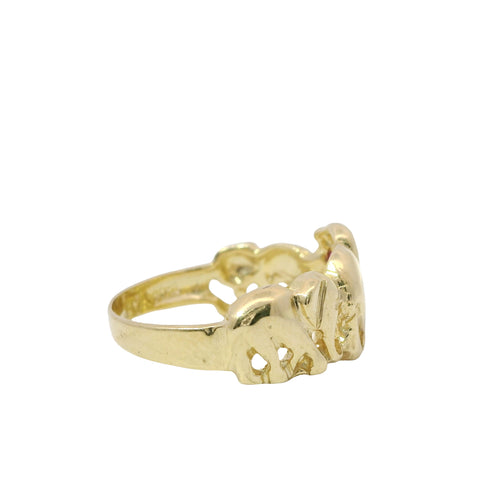14KT Gold Ring Women's Three Right Facing Elephants One with Red Eye Plain Band