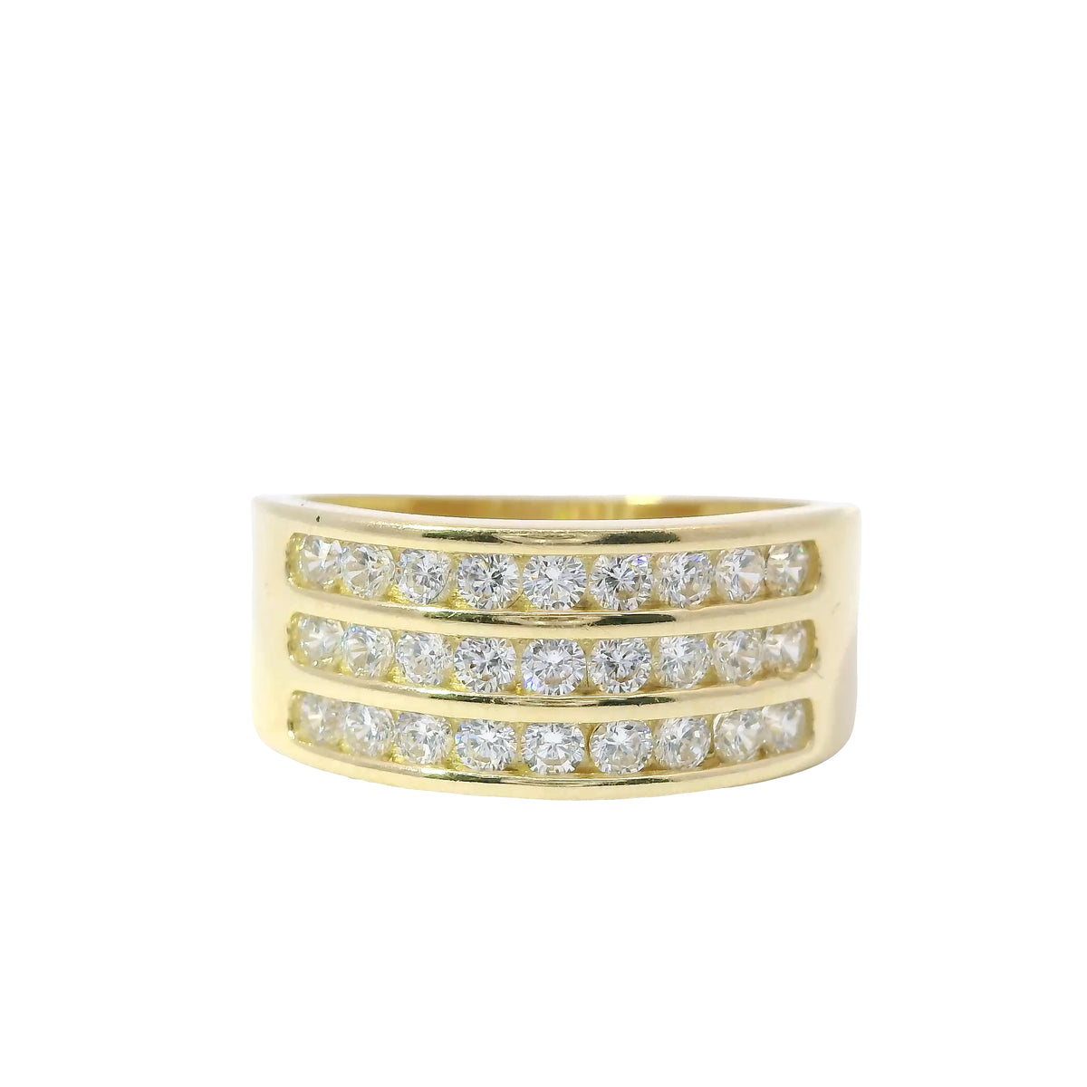14KT Gold Ring Women's Three Row Channel Set White CZ Stone Band