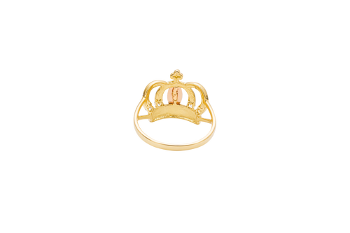 14KT Gold Ring Women's Tri Tone Oval Virgin Mary Open Crown with Four White CZ Stones and Plain Split Band