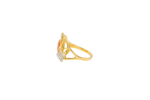 14KT Gold Ring Women's Tri Tone Oval Virgin Mary Open Crown with Four White CZ Stones and Plain Split Band