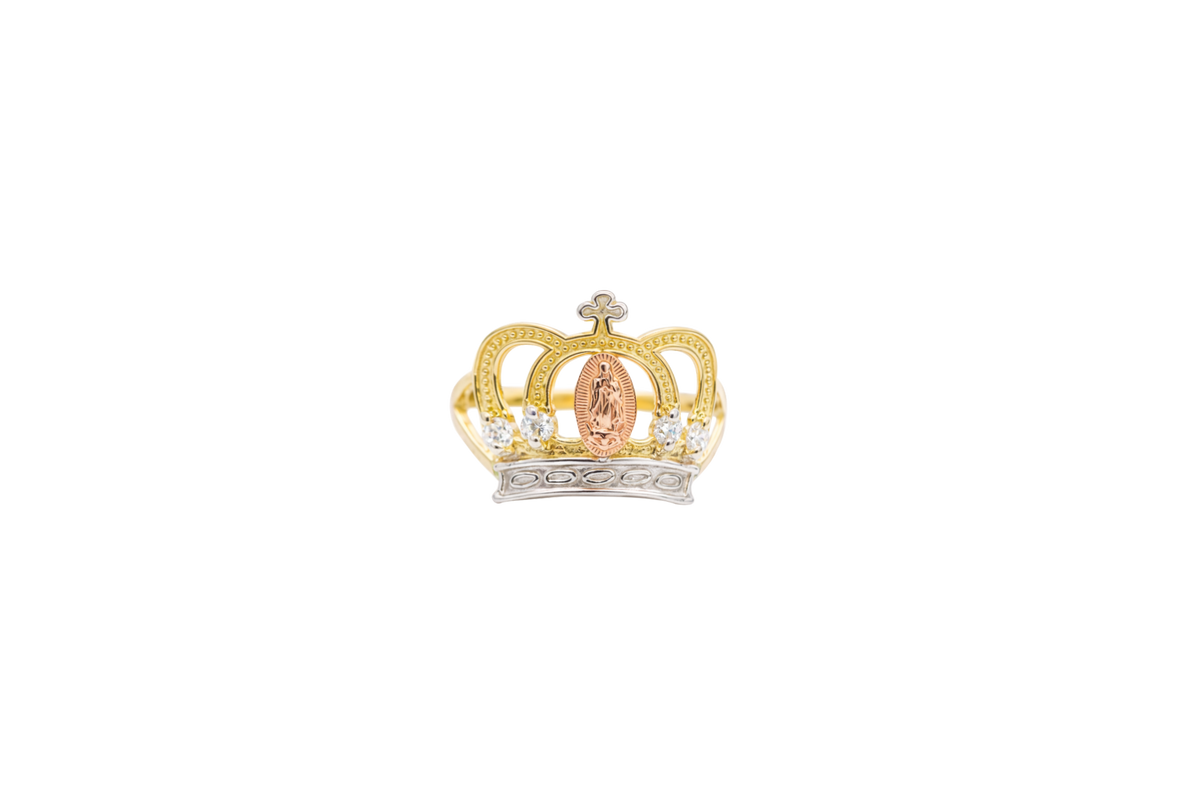 14KT Gold Ring Women's Tri Tone Oval Virgin Mary Open Crown with Four White CZ Stones and Plain Split Band
