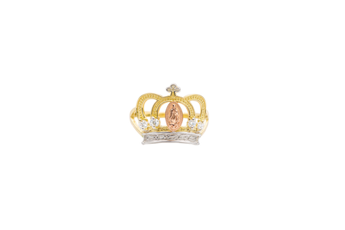 14KT Gold Ring Women's Tri Tone Oval Virgin Mary Open Crown with Four White CZ Stones and Plain Split Band