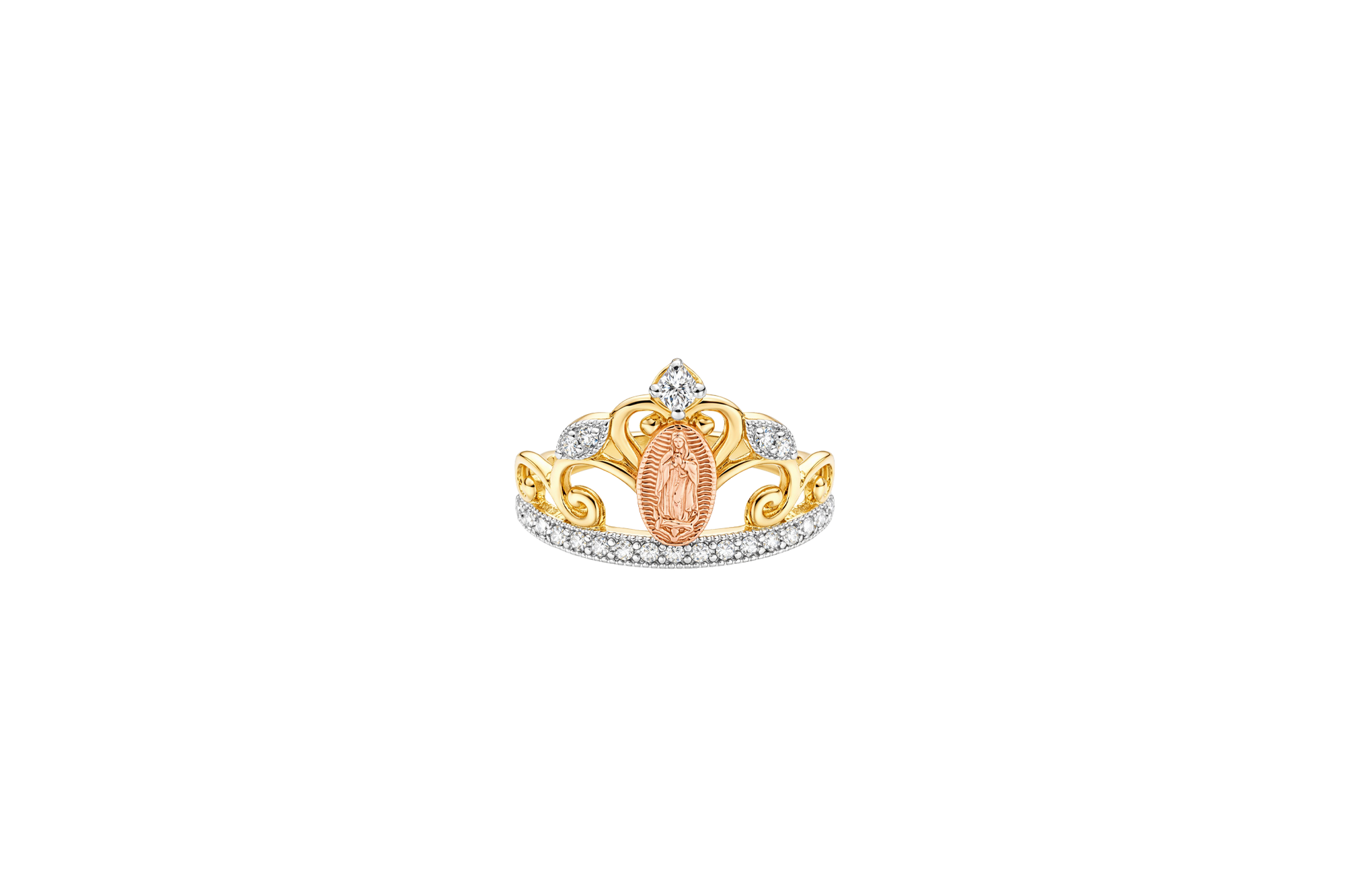 14KT Gold Ring Women's Tri Tone Virgin Mary with Five White CZ Stone Tiara and Plain White Gold Band