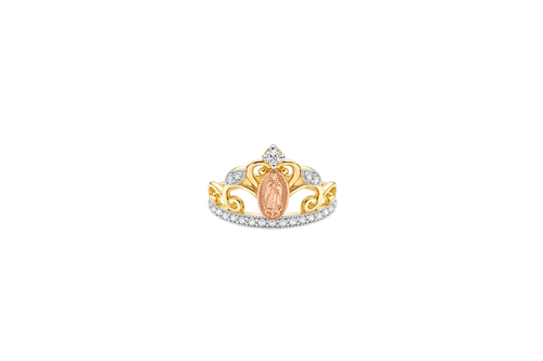 14KT Gold Ring Women's Tri Tone Virgin Mary with Five White CZ Stone Tiara and Plain White Gold Band
