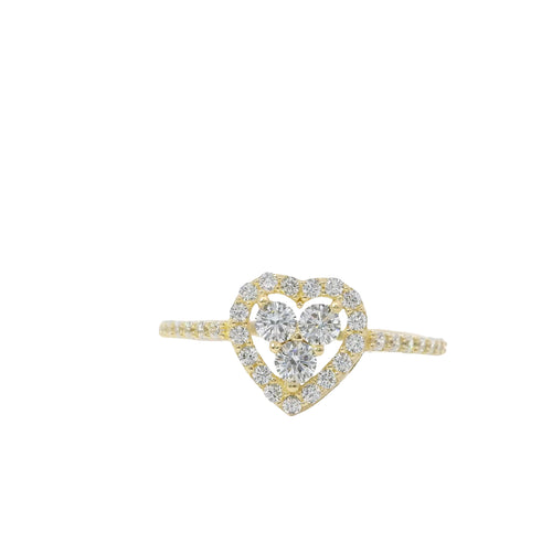 14KT Gold Ring Women's Three White Round Center CZ Stones Center Open Heart Outline Border White CZ Stones Band