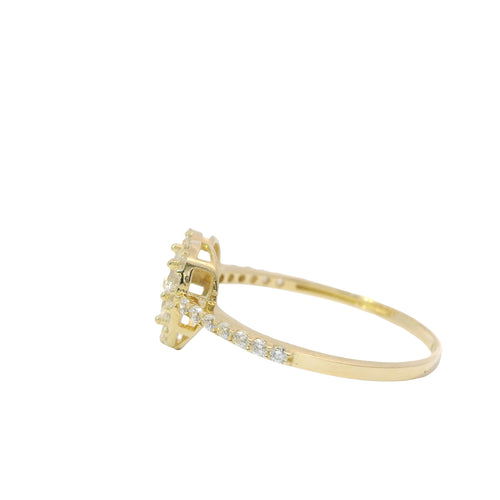 14KT Gold Ring Women's Three White Round Center CZ Stones Center Open Heart Outline Border White CZ Stones Band