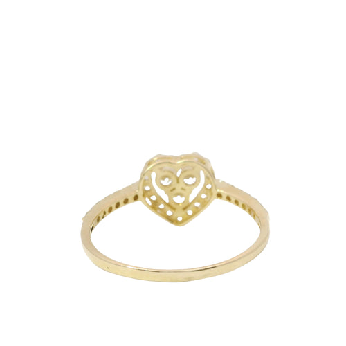14KT Gold Ring Women's Three White Round Center CZ Stones Center Open Heart Outline Border White CZ Stones Band
