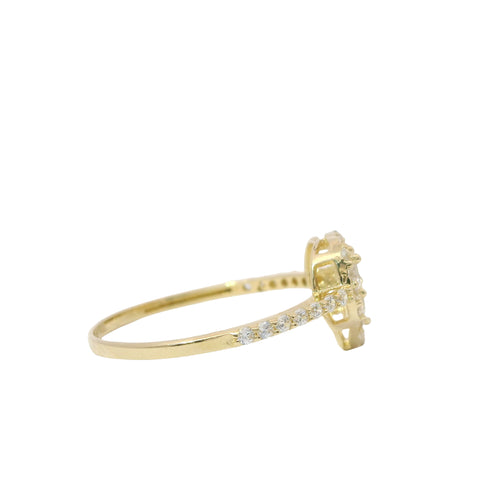 14KT Gold Ring Women's Three White Round Center CZ Stones Center Open Heart Outline Border White CZ Stones Band