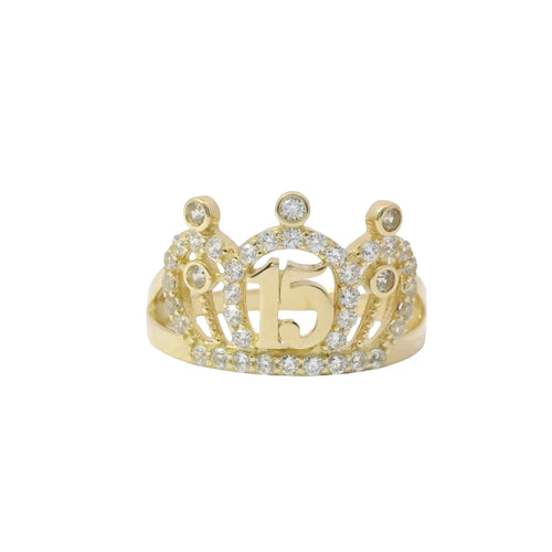 14KT Gold Ring Women's Quincenaera "15" Tiara Crown with Three Pillow Puffs White CZ Stone Outline with Plain Split Band