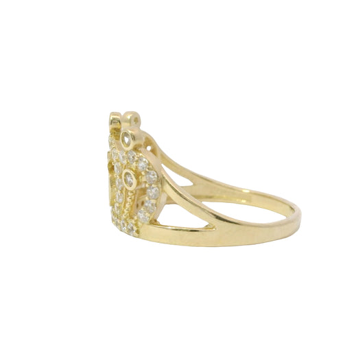 14KT Gold Ring Women's Quincenaera "15" Tiara Crown with Three Pillow Puffs White CZ Stone Outline with Plain Split Band