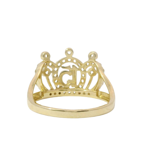 14KT Gold Ring Women's Quincenaera "15" Tiara Crown with Three Pillow Puffs White CZ Stone Outline with Plain Split Band