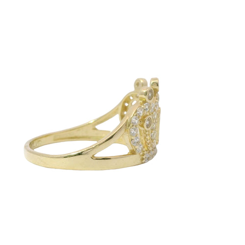 14KT Gold Ring Women's Quincenaera "15" Tiara Crown with Three Pillow Puffs White CZ Stone Outline with Plain Split Band
