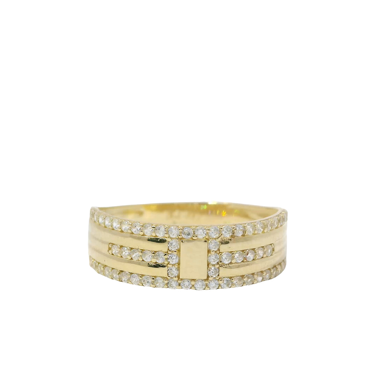 14KT Gold Women's Ring Plain Rectangle Center White CZ Stone Border with White CZ Stone Belt White CZ Stones Upper/Lower Border of Band