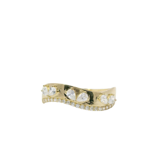 14KT Gold Ring Women's Wavy Band with Six Pear CZ Stones and One Row White CZ Stone Border