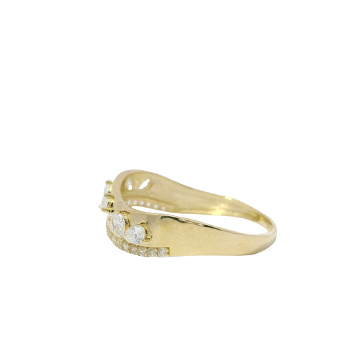 14KT Gold Ring Women's Wavy Band with Six Pear CZ Stones and One Row White CZ Stone Border