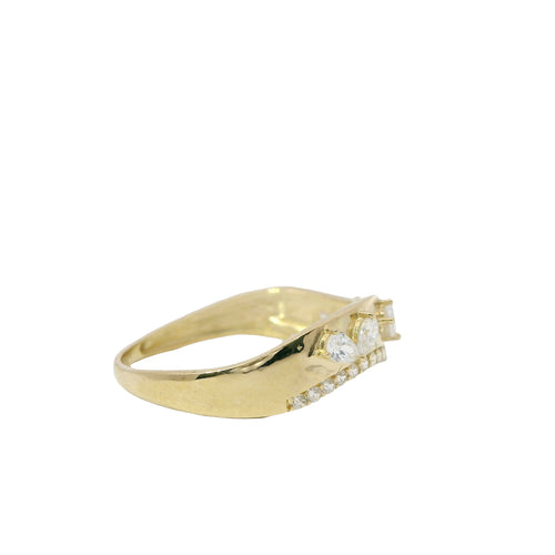 14KT Gold Ring Women's Wavy Band with Six Pear CZ Stones and One Row White CZ Stone Border