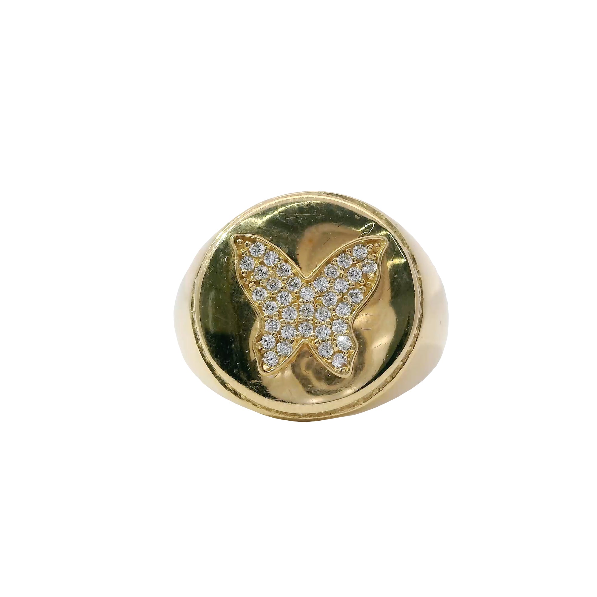 14KT Gold Ring Women's White CZ Stone Butterfly Coin with White CZ Stone Edge and Plain Band