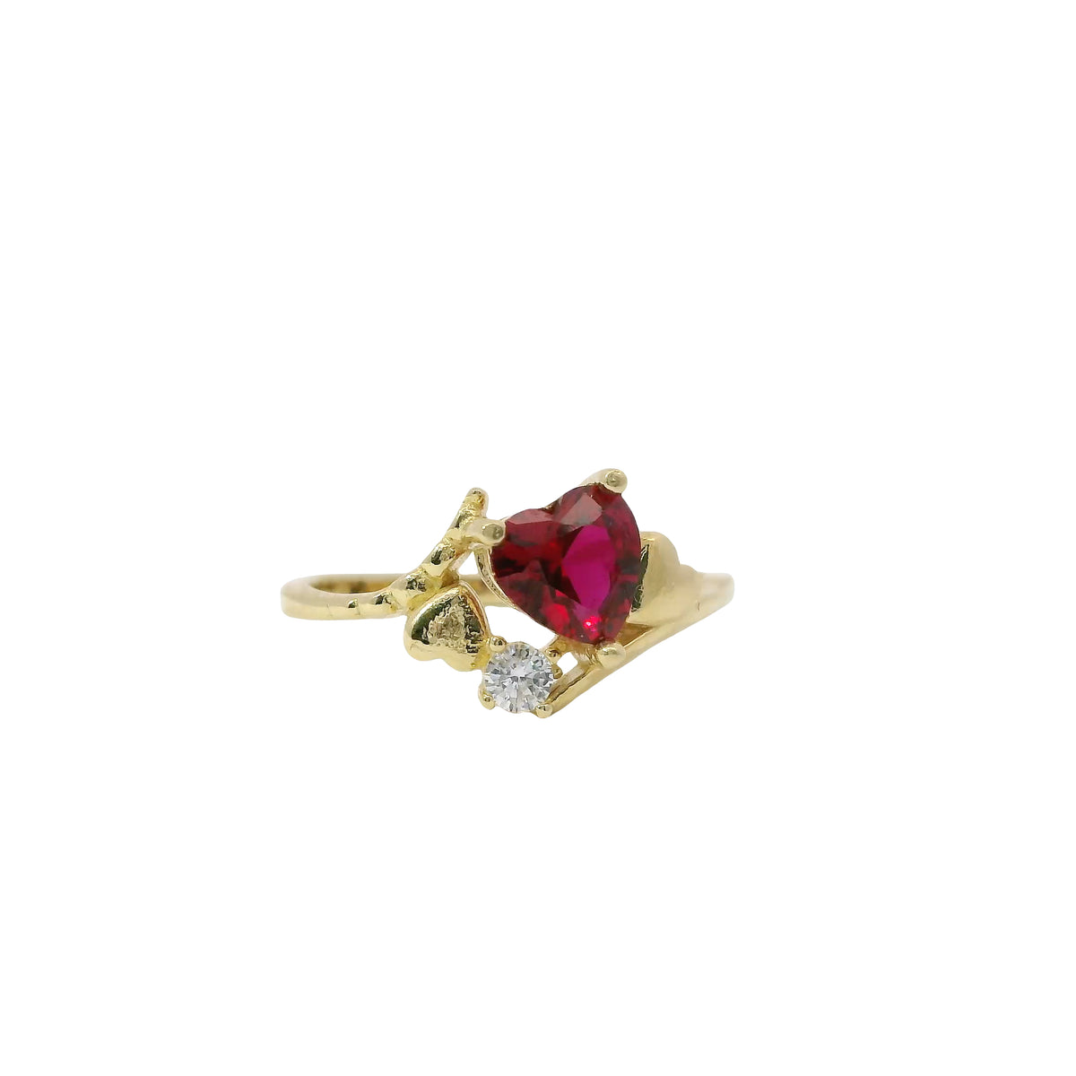 14KT Gold Ring Women's Red Heart Shape Center Next to White CZ Stone Hearts Bypass Band