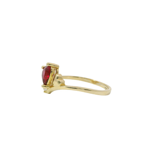 14KT Gold Ring Women's Red Heart Shape Center Next to White CZ Stone Hearts Bypass Band