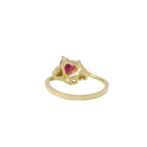 14KT Gold Ring Women's Red Heart Shape Center Next to White CZ Stone Hearts Bypass Band