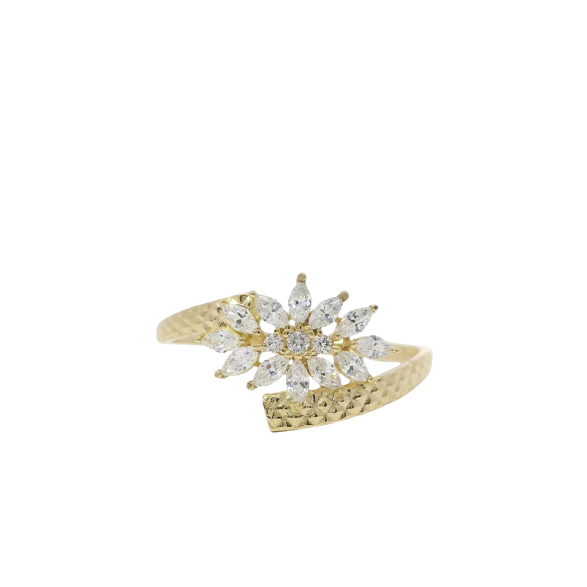 14KT Gold Ring Women's Light Weight White CZ Stone Snowflake Cluster with Nugget Bypass Band