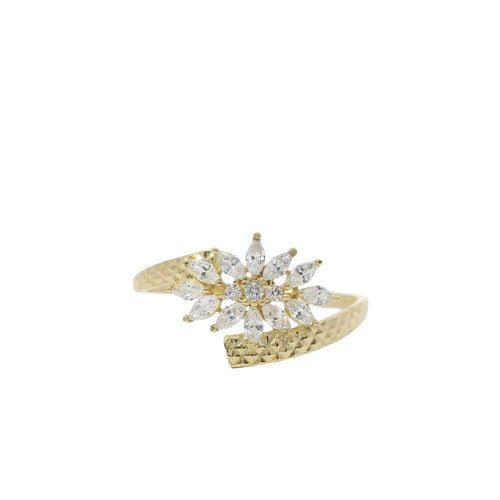 14KT Gold Ring Women's Light Weight White CZ Stone Snowflake Cluster with Nugget Bypass Band