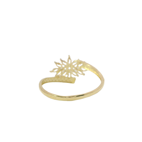 14KT Gold Ring Women's Light Weight White CZ Stone Snowflake Cluster with Nugget Bypass Band
