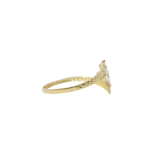 14KT Gold Ring Women's Light Weight White CZ Stone Snowflake Cluster with Nugget Bypass Band