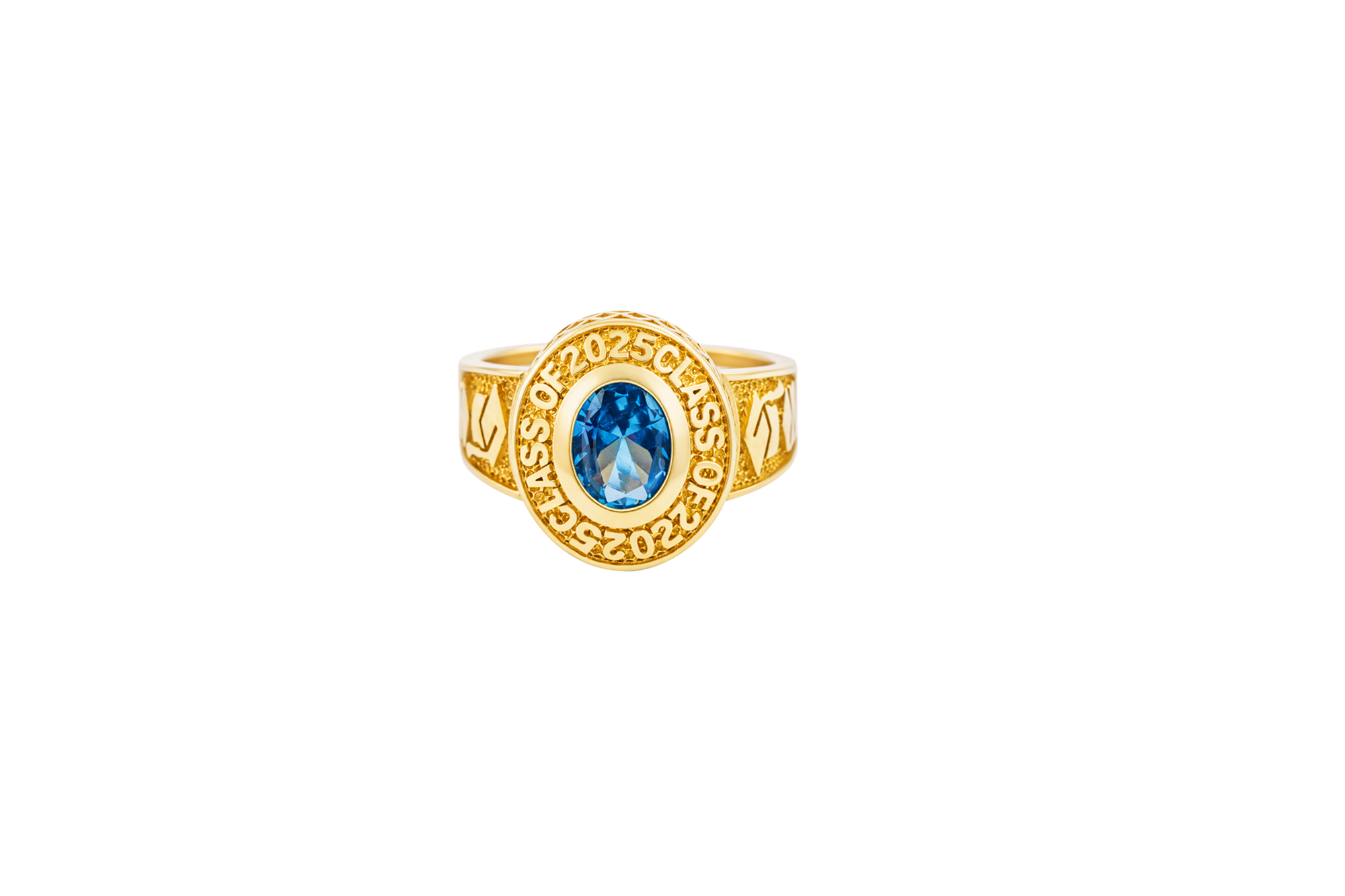 14KT Gold Ring Women's Turquoise "Class of 2025" Oval Center CZ Stone White Round CZ Stones Border Plain Graduation Hat/Books Band