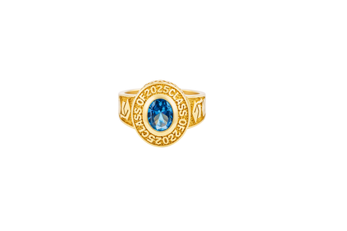 14KT Gold Ring Women's Turquoise "Class of 2025" Oval Center CZ Stone White Round CZ Stones Border Plain Graduation Hat/Books Band