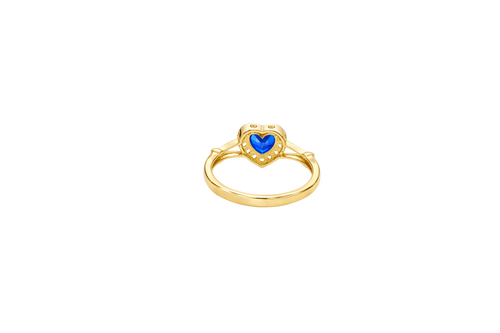 14KT Gold Ring Women's Navy Blue Heart Shape Center CZ Stone with White CZ Stone Border and Plain Split Band with Knots
