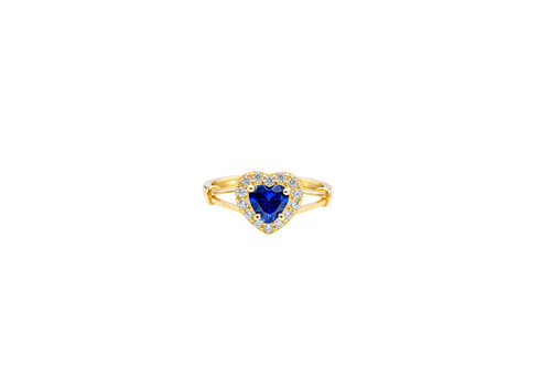 14KT Gold Ring Women's Navy Blue Heart Shape Center CZ Stone with White CZ Stone Border and Plain Split Band with Knots