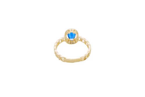 14KT Gold Ring Women's Oval Navy Blue Center Stone with White CZ Stone Border Chino Band