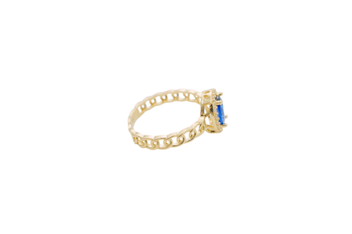 14KT Gold Ring Women's Oval Navy Blue Center Stone with White CZ Stone Border Chino Band
