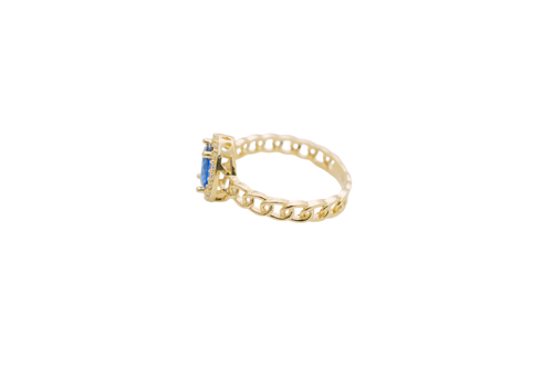 14KT Gold Ring Women's Oval Navy Blue Center Stone with White CZ Stone Border Chino Band