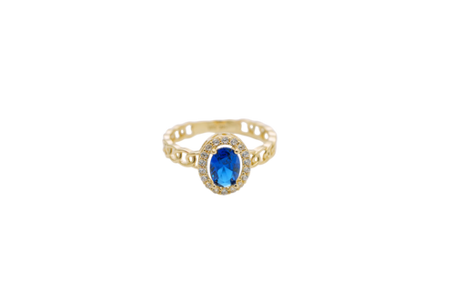14KT Gold Ring Women's Oval Navy Blue Center Stone with White CZ Stone Border Chino Band