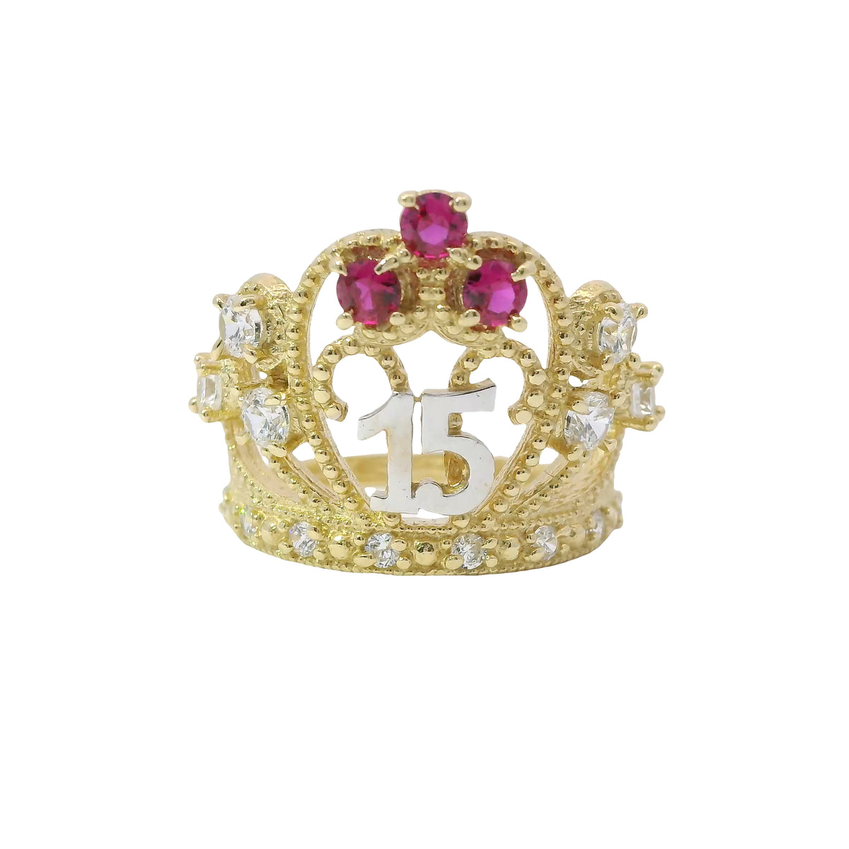 14KT Gold Ring Women's Two Tone "15" Quincenaera Tall Tiara Dark Pink Top Stones with 3 White CZ Stones on Crown Sides White CZ Stone Band