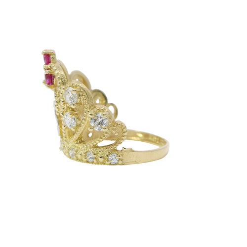 14KT Gold Ring Women's Two Tone "15" Quincenaera Tall Tiara Dark Pink Top Stones with 3 White CZ Stones on Crown Sides White CZ Stone Band