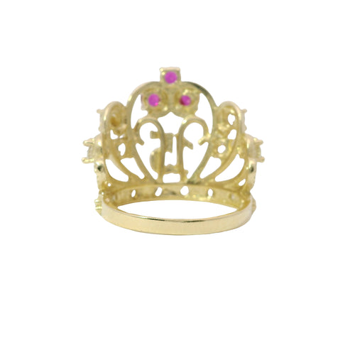 14KT Gold Ring Women's Two Tone "15" Quincenaera Tall Tiara Dark Pink Top Stones with 3 White CZ Stones on Crown Sides White CZ Stone Band